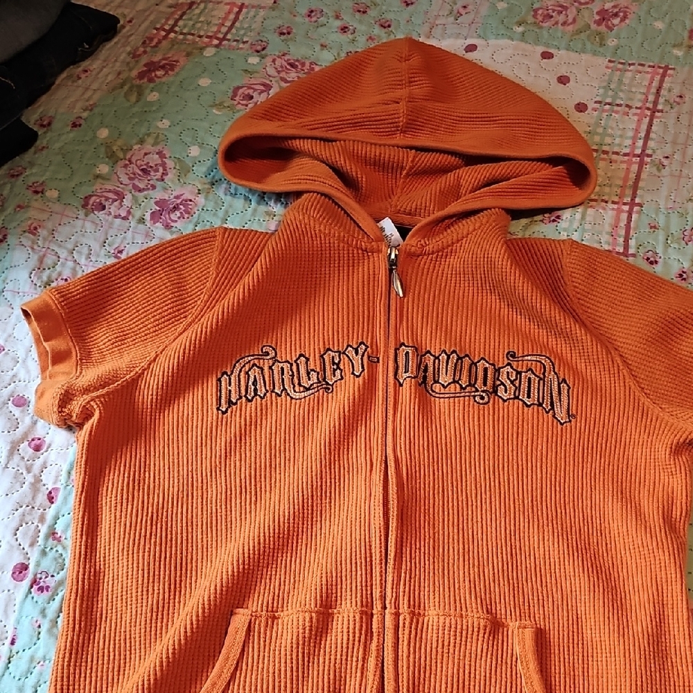 Harley-Davidson Women's Orange Short Sleeve Zip-Up Hoodie